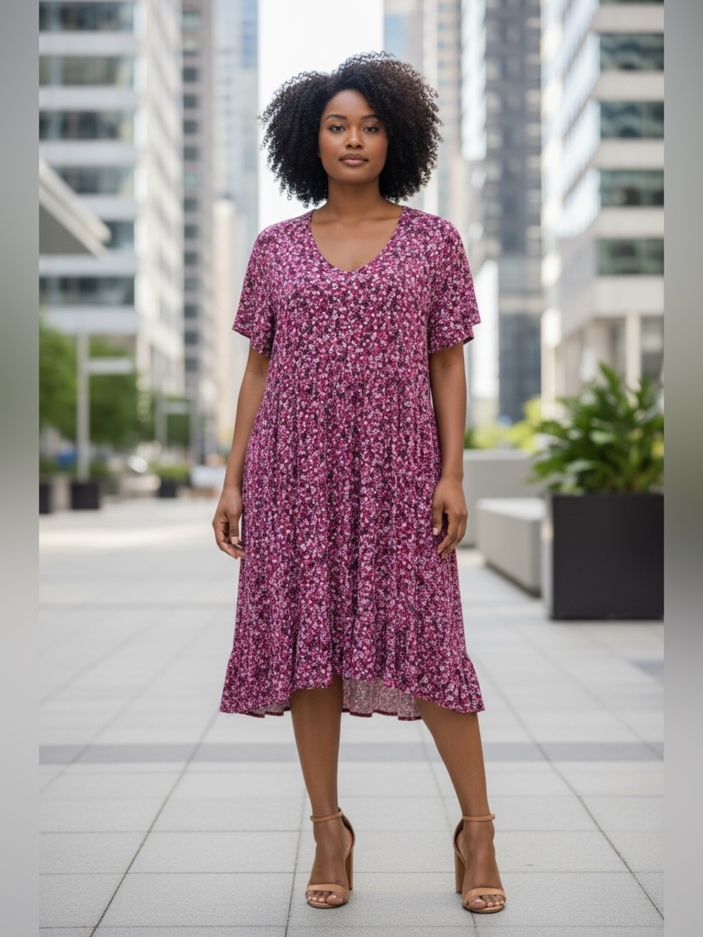 Penningtons, Floral Midi Dress, Size X Plus Size, Pink Stretch